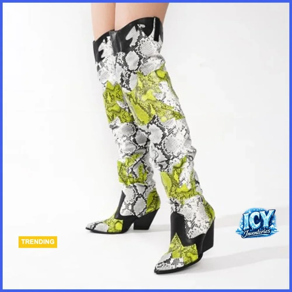 Thigh High Cowboy Boots with Chunky Heel - Faux Snakeskin Western Booties